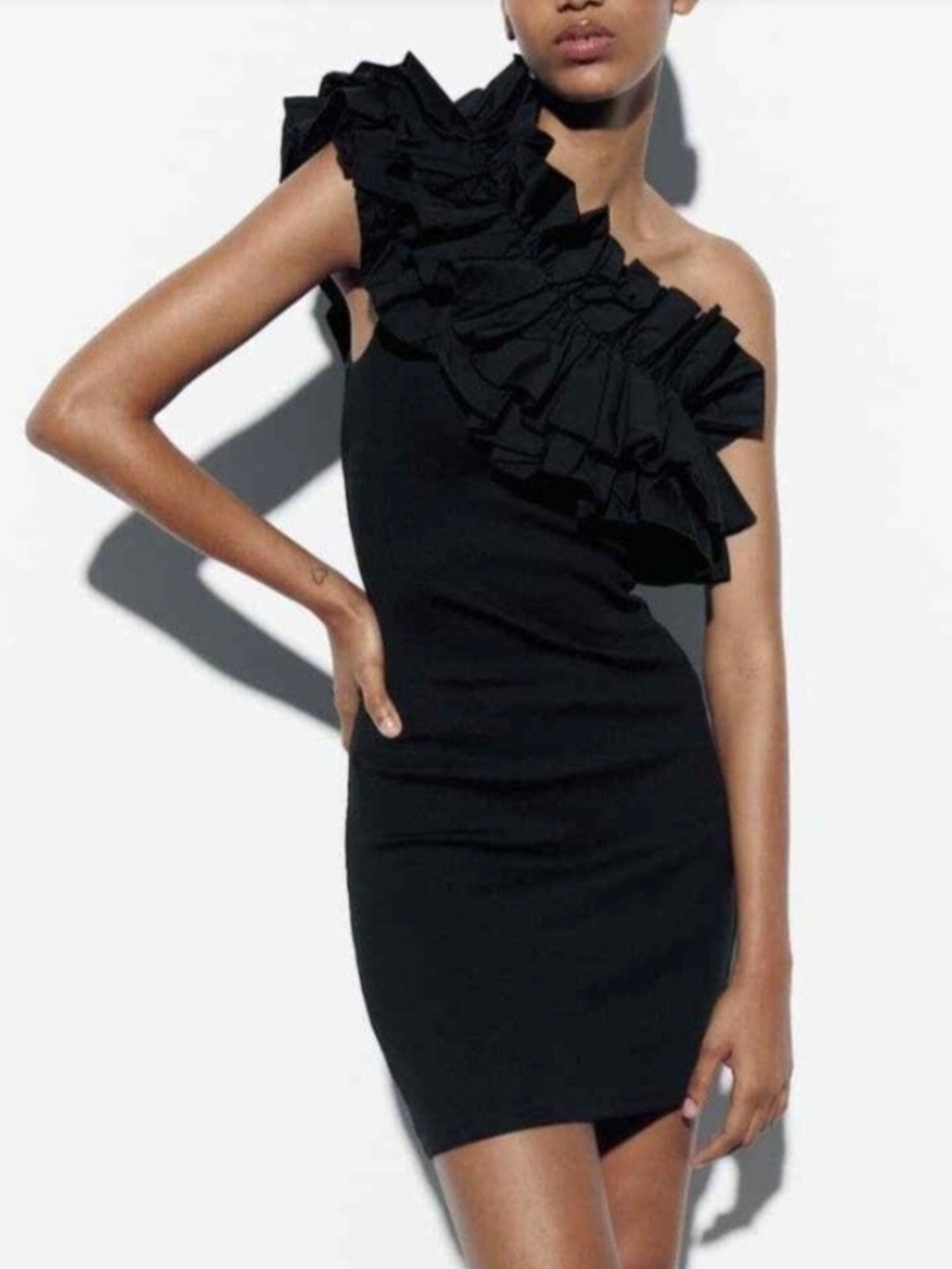 Zara One Shoulder Organza Ruffle Mini Dress US S
